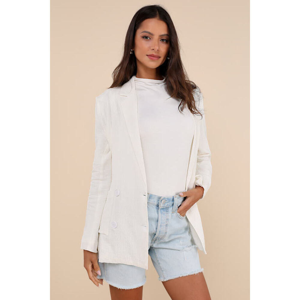 Lulus Poised Design White Linen Textured Double-breasted Blazer - Size XS